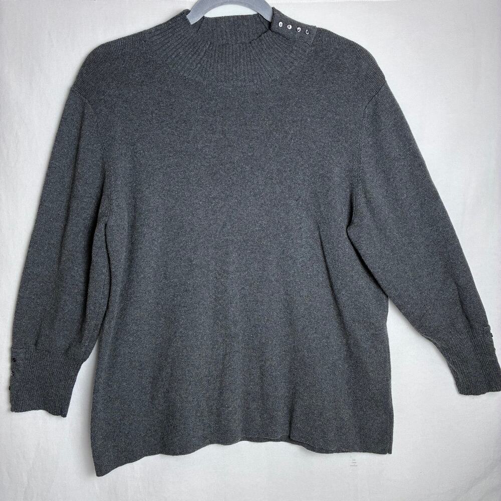 Coldwater Creek Gray Wool Blend Mock Neck 3/4 Sleeve Sweater Shoulder Buttons XL